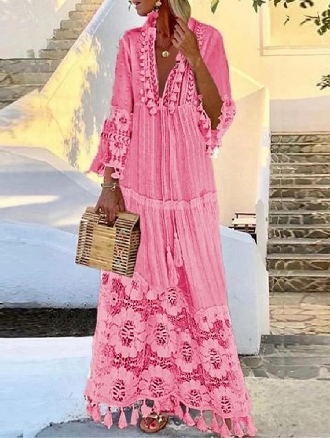 Bohemian Deep V-Neck Lace Fringe Long Dress