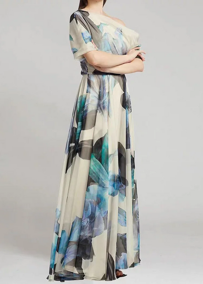 Elegant Asymmetric Printed Chiffon Long Dress