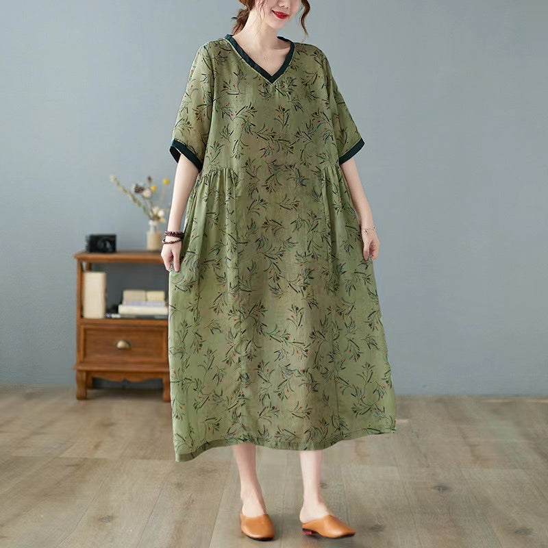 Elegant V-Neck Printed Linen Short Sleeve Dress