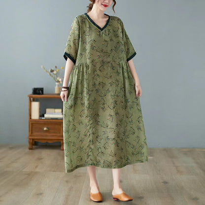 Elegant V-Neck Printed Linen Short Sleeve Dress