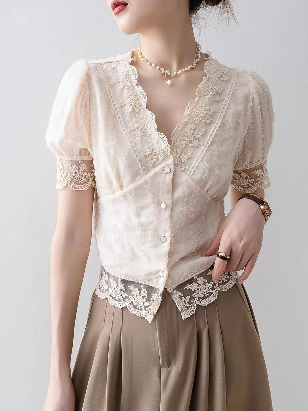 French Neck Flared Sleeve Hollow Out Lace Short Sleeve Blouse Top