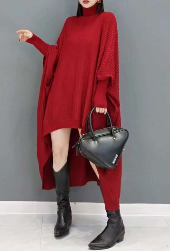 Casual Big Silhouette Knit Sweater Dress High Neck Asymmetric Bat Sleeve