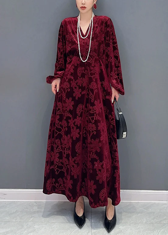 French V-Neck Pocket Embroidered Floral Long Dress