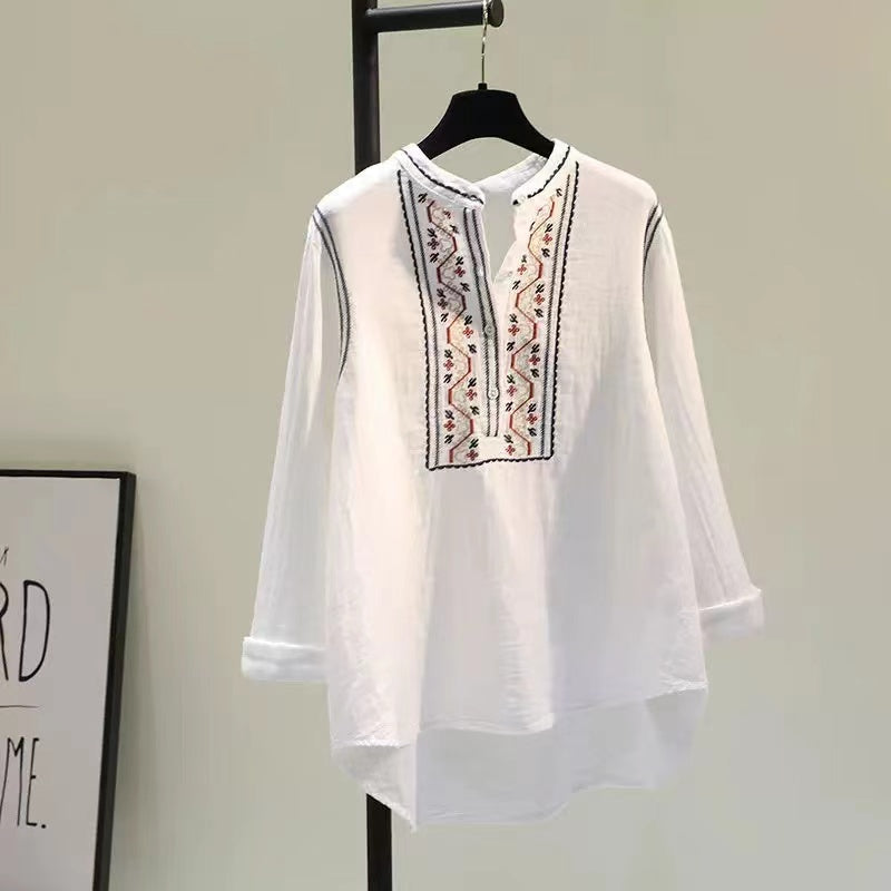 Loose Embroidered Standing Collar Buttoned Long Sleeve Shirt Top