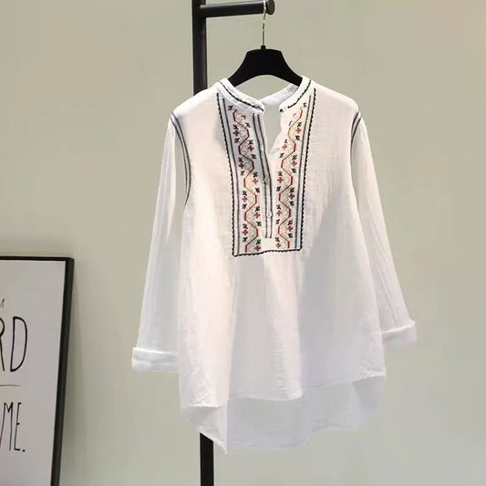 Loose Embroidered Standing Collar Buttoned Long Sleeve Shirt Top