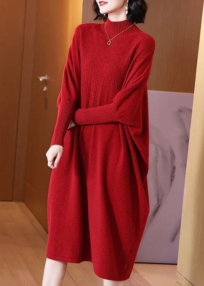 Elegant High Neck Comfortable Cotton Knit Maxi Dress Long Sleeve