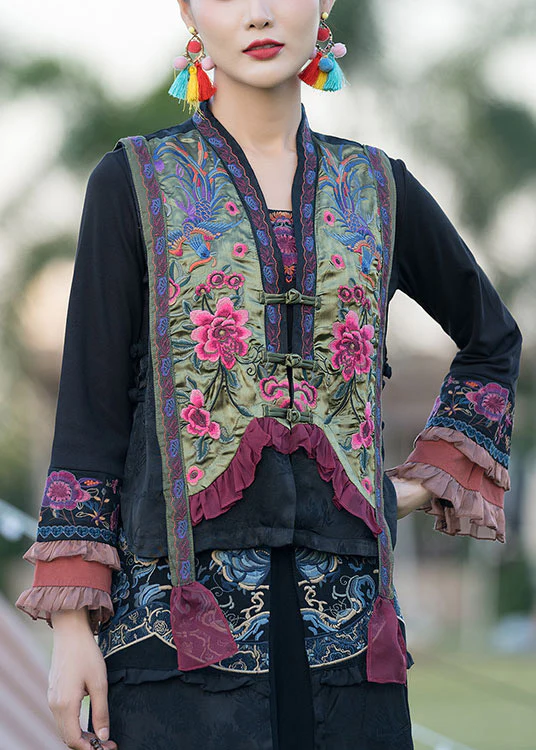 Vintage V-Neck Embroidered Floral Buttoned Satin Vest