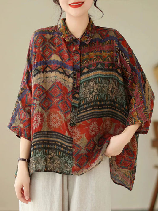 Plus Size Cotton Linen Printed Lapel Shirt Top