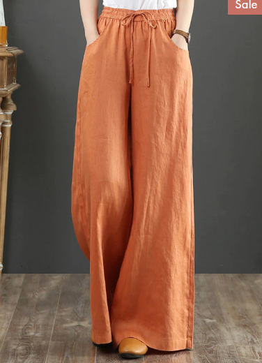 Stretch Waist Linen Straight Leg Pants Pocket Drawstring