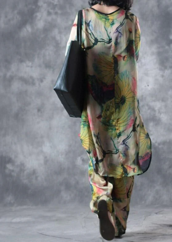 Printed Silk Top Loose Wide Leg Pants Two Piece Set