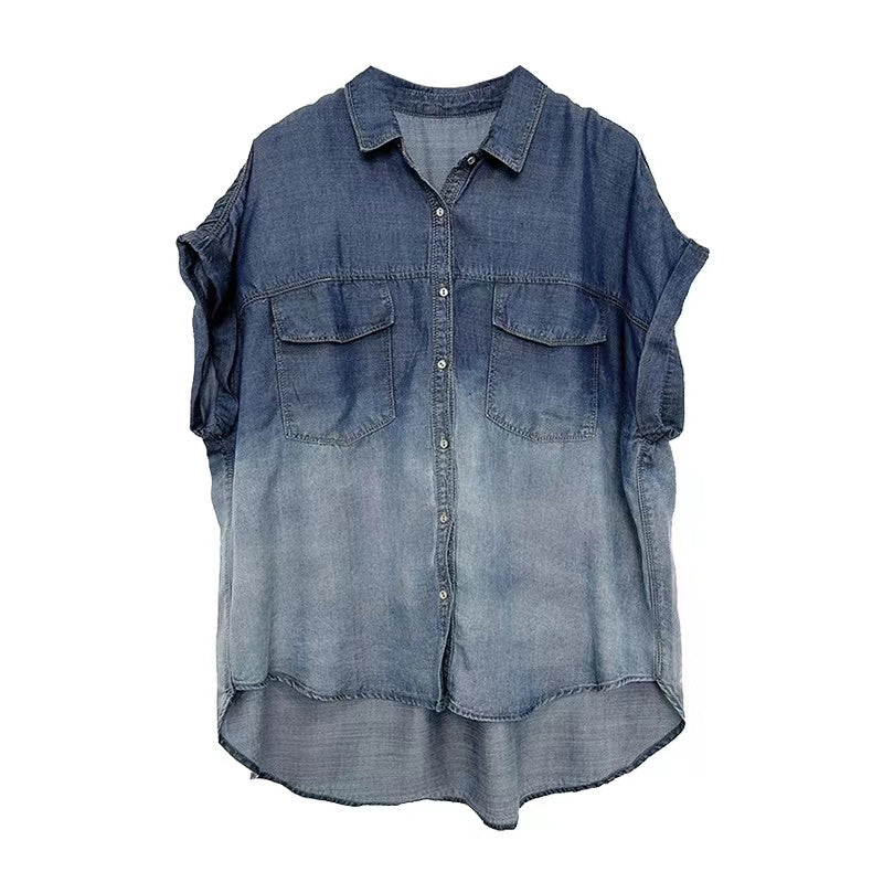 Fashion Gradient Breathable Tencel Pocket Cardigan Short Sleeve Shirt Denim