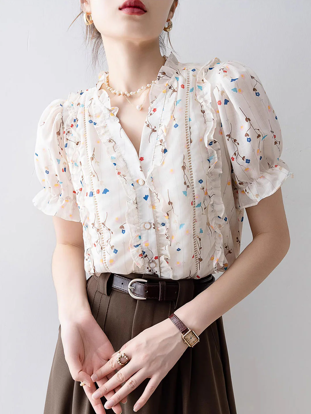 Elegant V-Neck Printed Chiffon Ruffle Short Sleeve Blouse Top