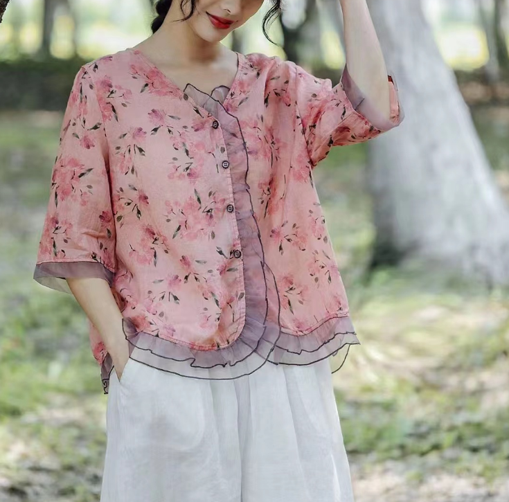 Elegant Printed Patchwork Tulle Cardigan Short Sleeve Blouse Top