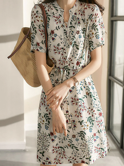 Elegant Printed Drawstring Chiffon Short Sleeve Dress