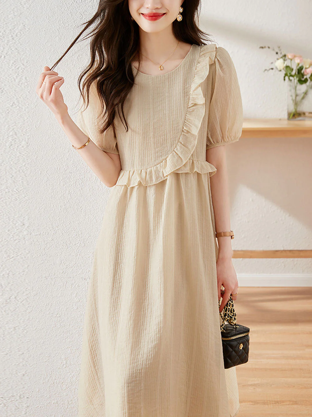 French Round Neck Ruffle Short Sleeve Dress