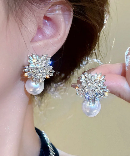 Luxury Peplum Gold Pearl Zirconia Flower Stud Earrings