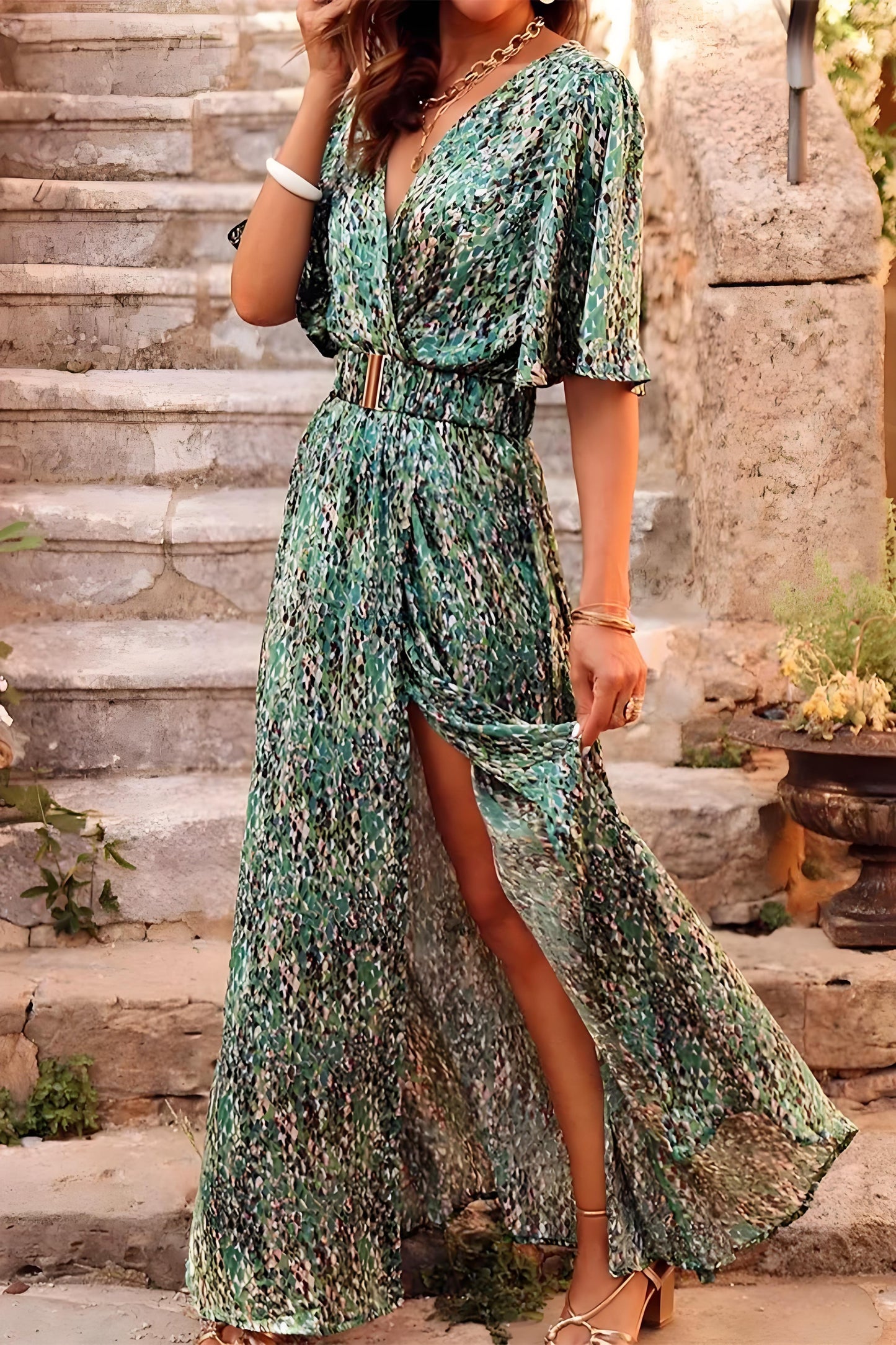 Women's Boho Floral Patchwork V-Neck Dress