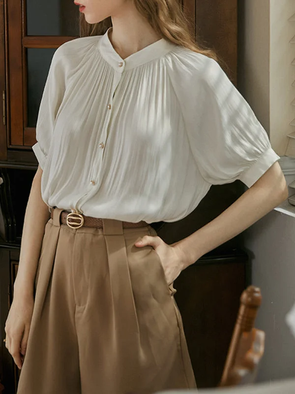 Women's White Round Collar Button Pleated Short Bubble Sleeve Shirt Spring