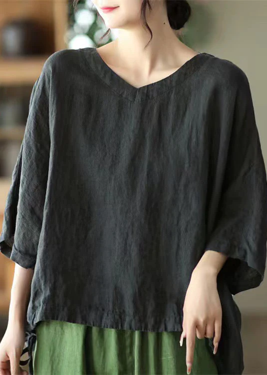 Casual Neck Embroidered Linen Top Long Sleeve