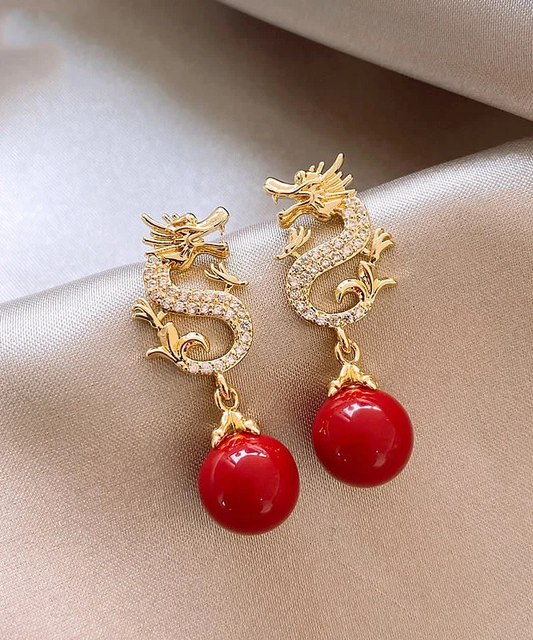 Elegant Red Copper Alloy Zirconia Golden Dragon Dangle Earrings