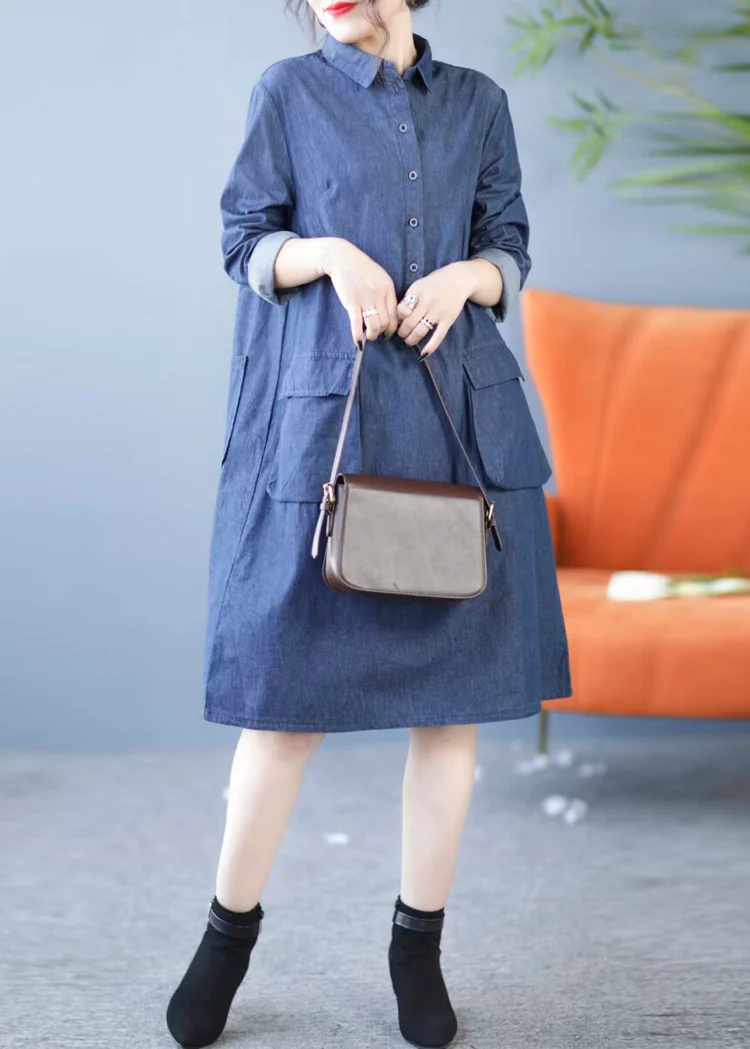 Stylish Lapel Cardigan Pocket Denim Shirt Dress