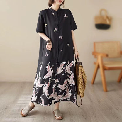 Stand-up Pocket Printed Short Sleeve Long Cardigan Dress