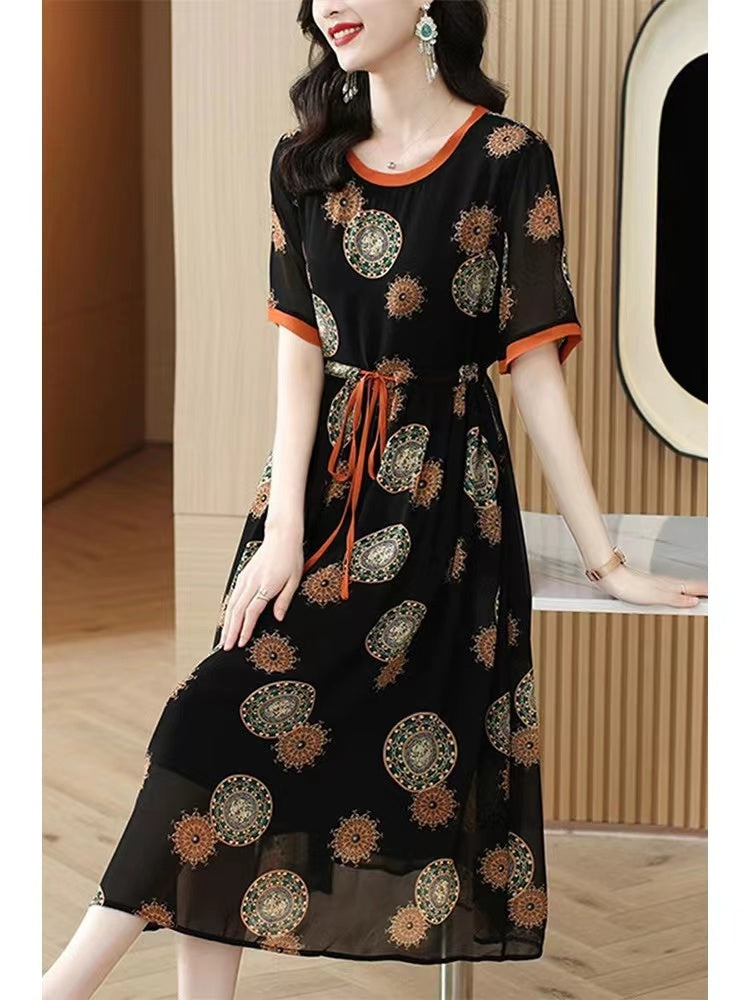 Women's Tightening Printed Chiffon Long Dresses