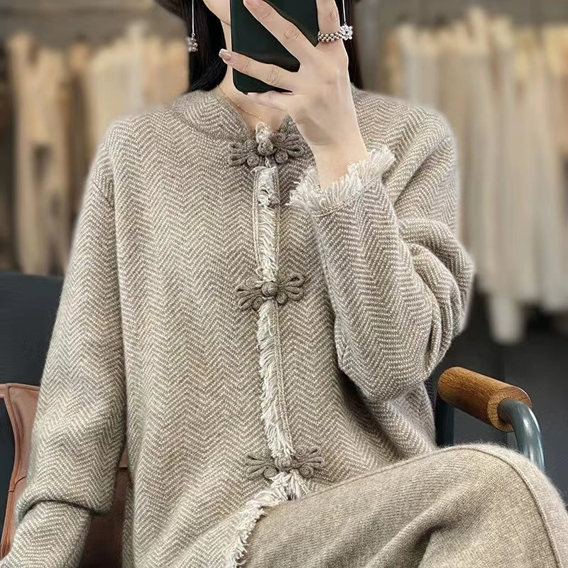 Casual V-Neck Chinese Buttoned Knit Coat