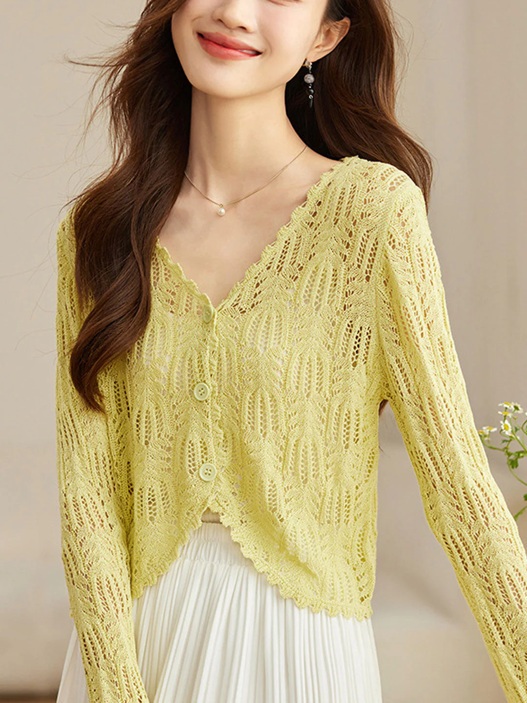 French V-Neck Hollow Out Ice Silk Knit Cardigan Top