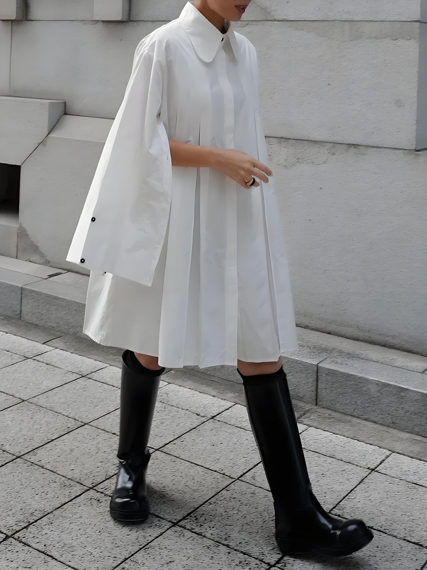 Women's White Lapel Buttoned Long Sleeve Pleated Hem Dress Spring