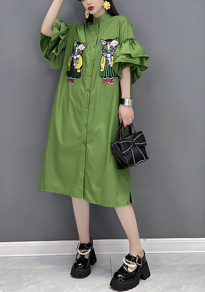 Women's Plus Size Green Standing Collar Cat Embroidery Shirt Dress Spring