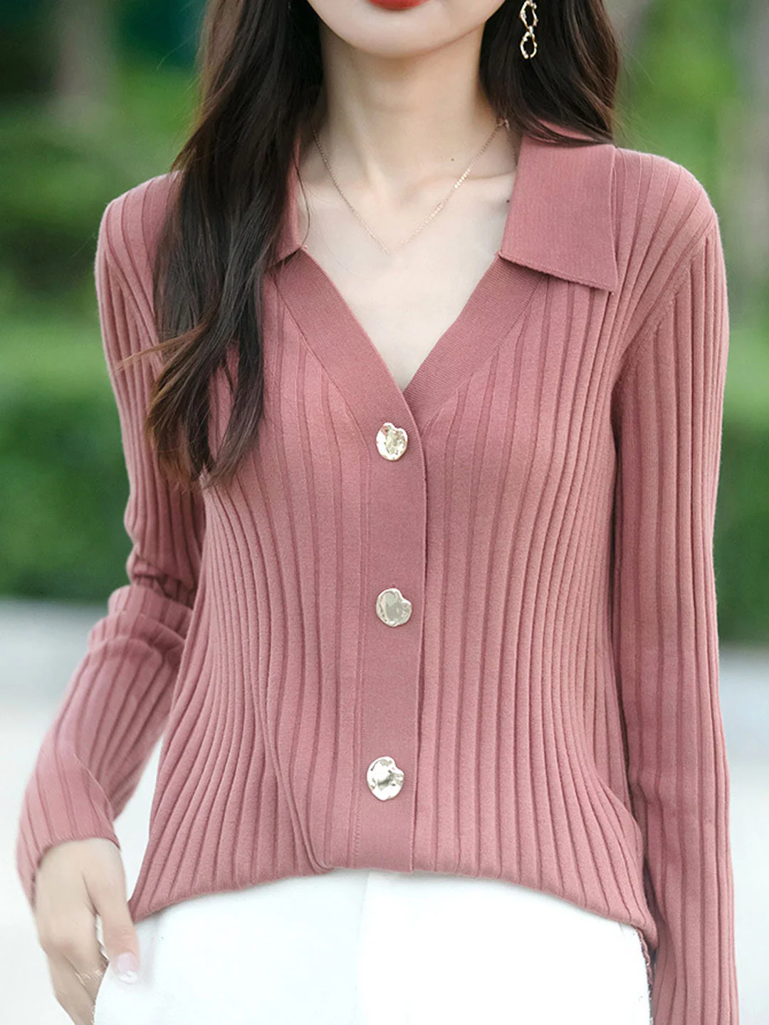 Women's Classic Lapel Ribbed Knit Cardigan Fall