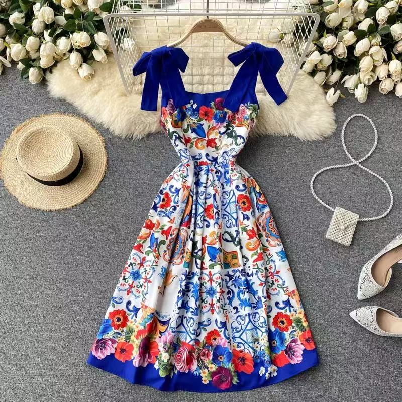 Printed Casual Pattern Patchwork Square Neck Sleeveless Long Dress Spring Summer