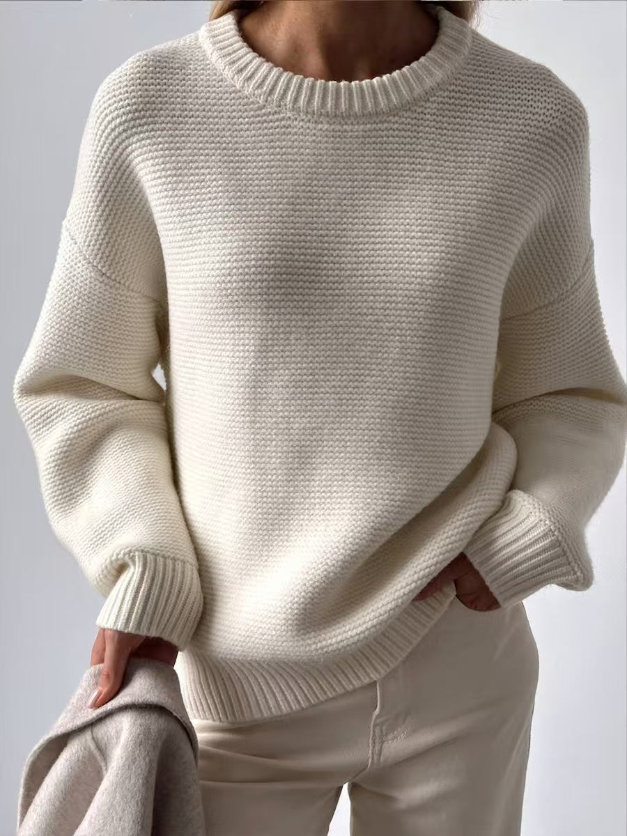 Round Neck Loose White Knitted Sweater