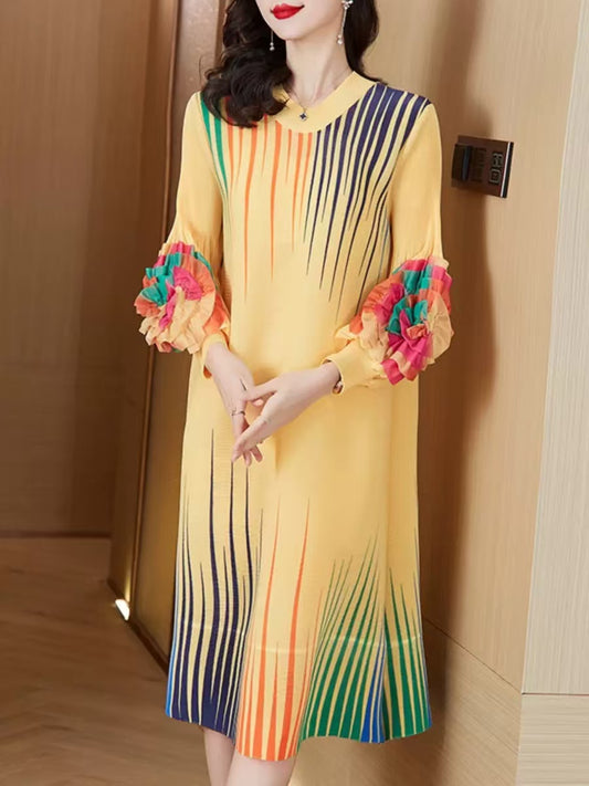 Women's Plus Size Colourful Round Neck Pleated Floral Long Sleeve Dresses