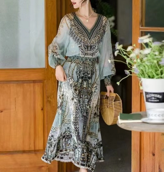 Elegant V-Neck Printed Long Sleeve Dress