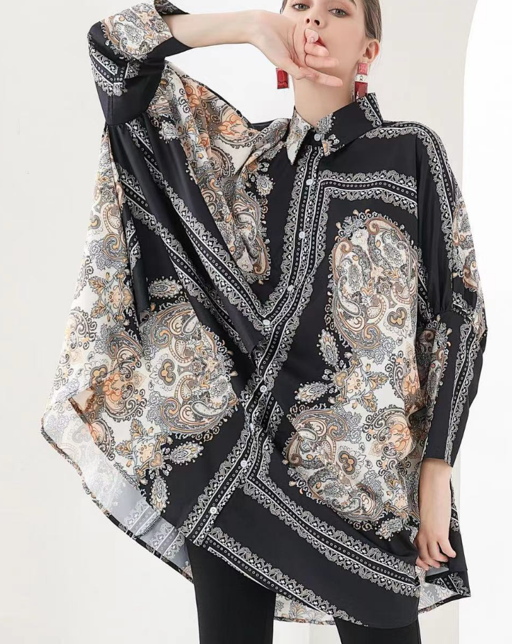 Elegant Printed Lapel Long Sleeve Cardigan Shirt Top