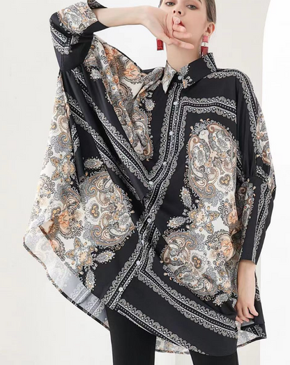 Elegant Printed Lapel Long Sleeve Cardigan Shirt Top