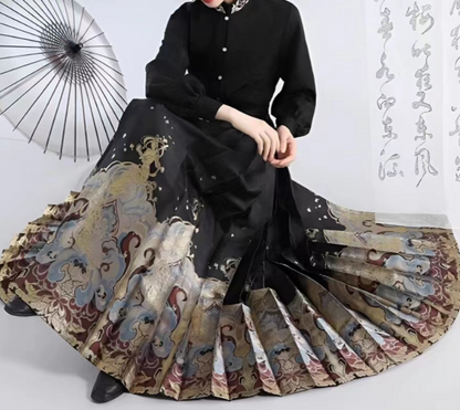 Elegant Vintage Pleated Dragon Print Tie Skirt