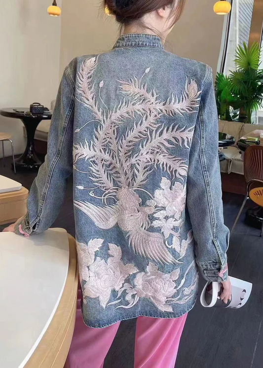 Chinese Embroidered Button Denim Jacket Long Sleeve