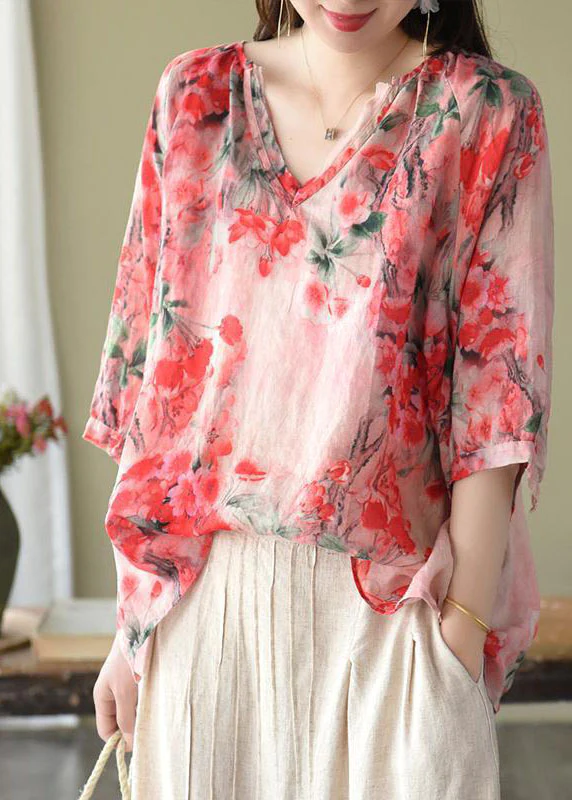 V-Neck Printed Loose Half Sleeve Shirt