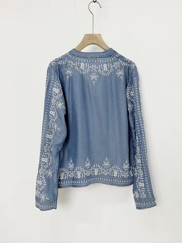 Fashion V-Neck Embroidered Floral Cardigan Long Sleeve Shirt Denim