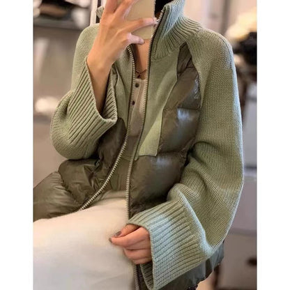 High neck zipper knit patchwork jacket