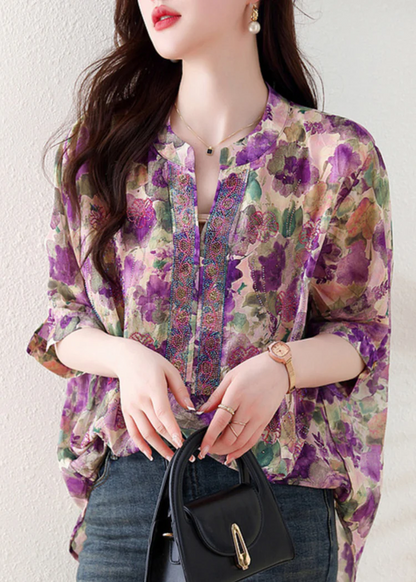 Loose V-Neck Printed Cotton Short Sleeve Shirt Top