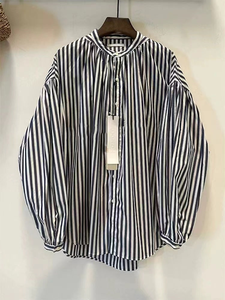 Casual Gray Oversized Striped Cotton Long Sleeve Shirt