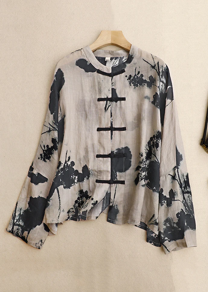 Chinese Printed Buttoned Cotton Long Sleeve Shirt Top