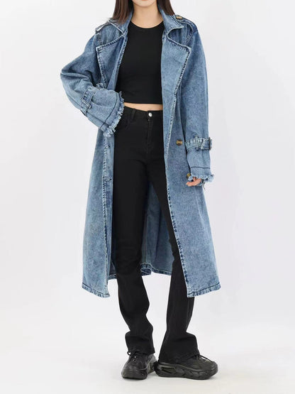 French suit lapel double-breasted knee-length denim trench coat