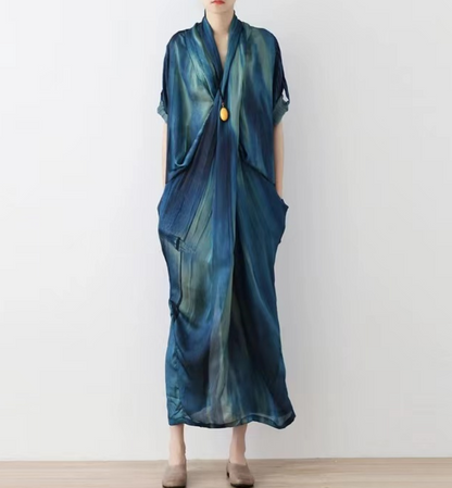 Loose Blue Smooth V-Neck Robe Dress