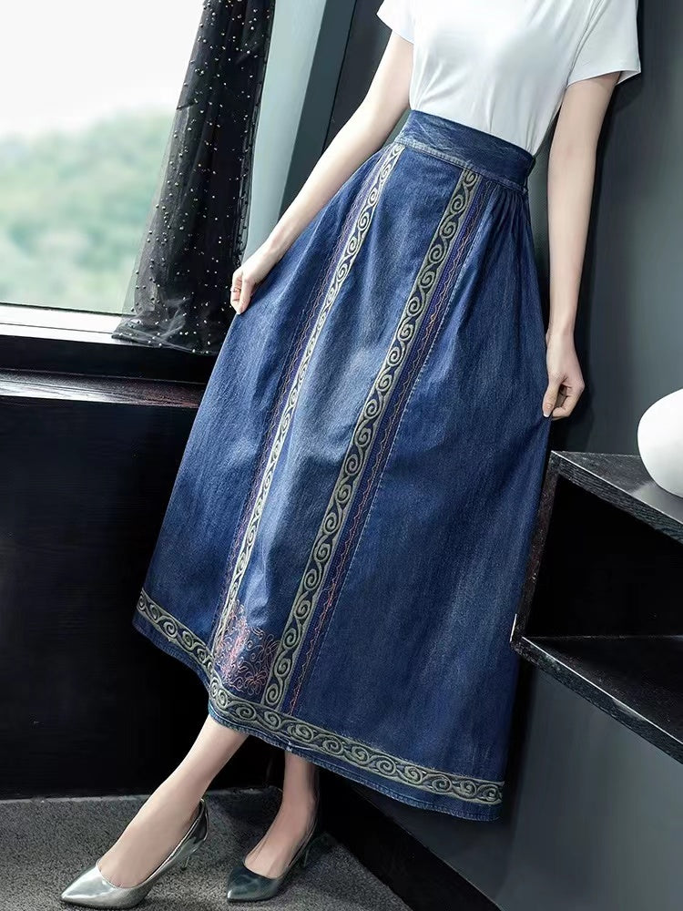 High Waist Geometric Embroidery Long Half Skirt