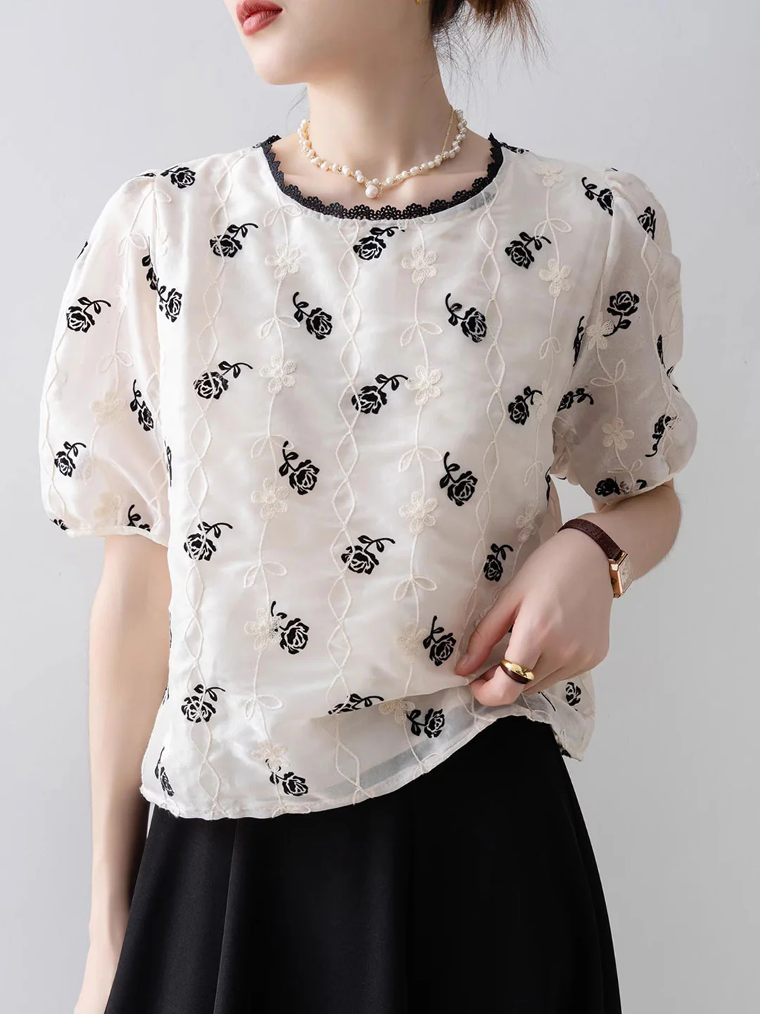 Elegant Bubble Sleeve Embroidered Chiffon Blouse Top